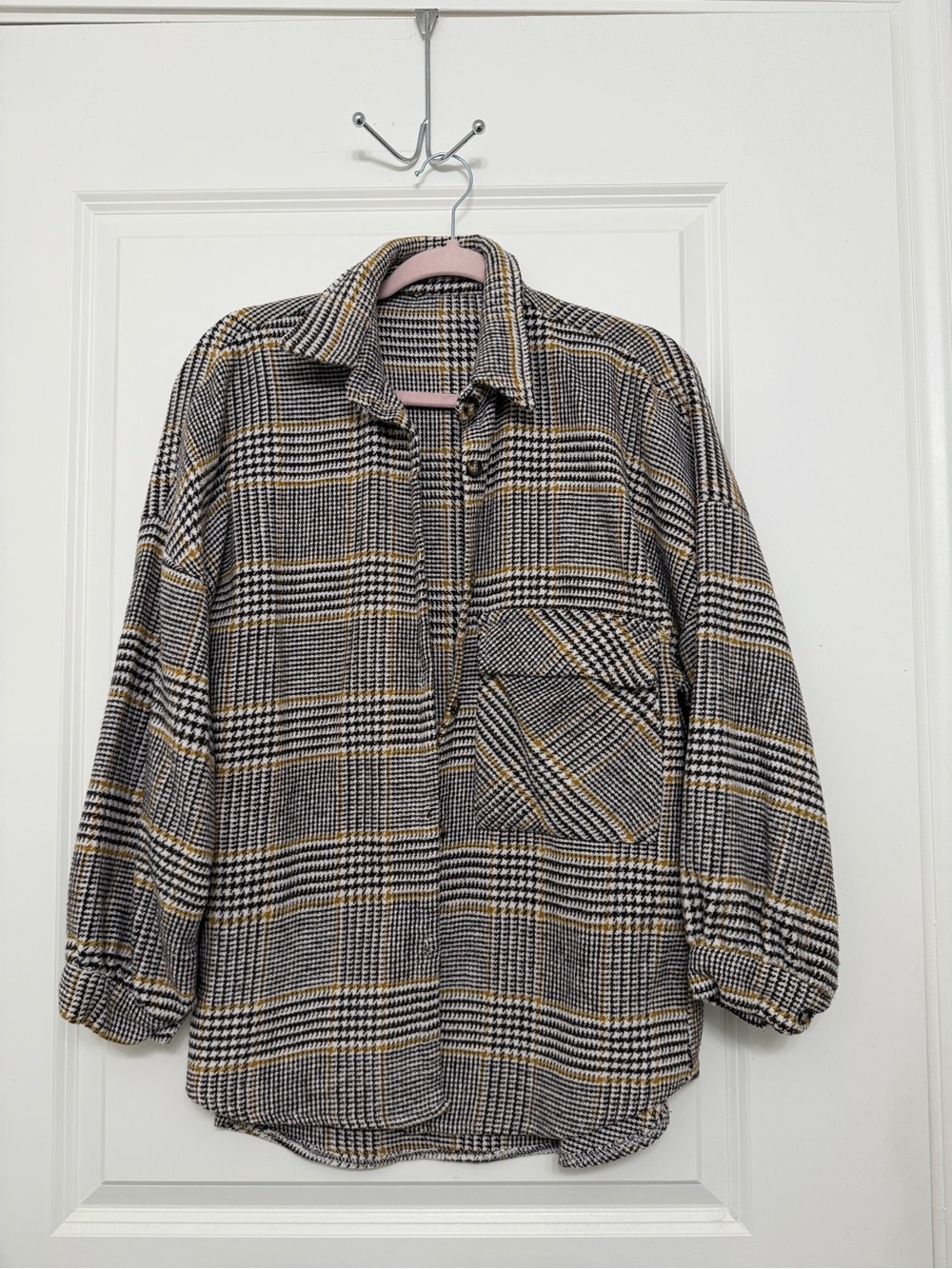 Plaid Button-Front Shacket in Black, Gray & Tan